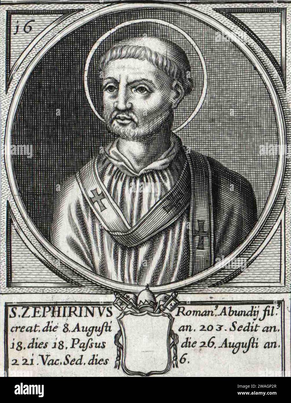 Eine Illustration des Papstes Zephyrinus aus dem 117. Jahrhundert, der von 199 bis 217 Jahre alt war. Er war der 15. Papst. Stockfoto