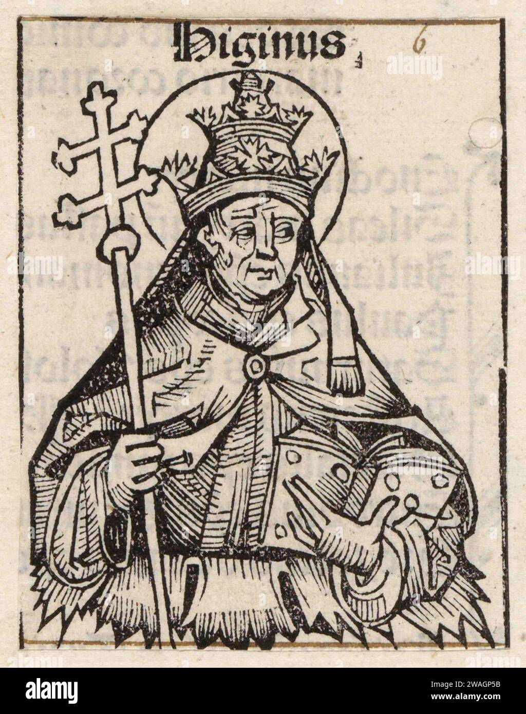 Eine Illustration von Papst Hyginus aus dem Jahr 1493, der von 136 bis 140 Nachbar als Pontiff fungierte. Er war der neunte Papst. Er war Grieche und es war er, der die Idee von Paten einführte, getauften Kindern während ihres christlichen Lebens und ihrer Pflichten zu helfen. Stockfoto