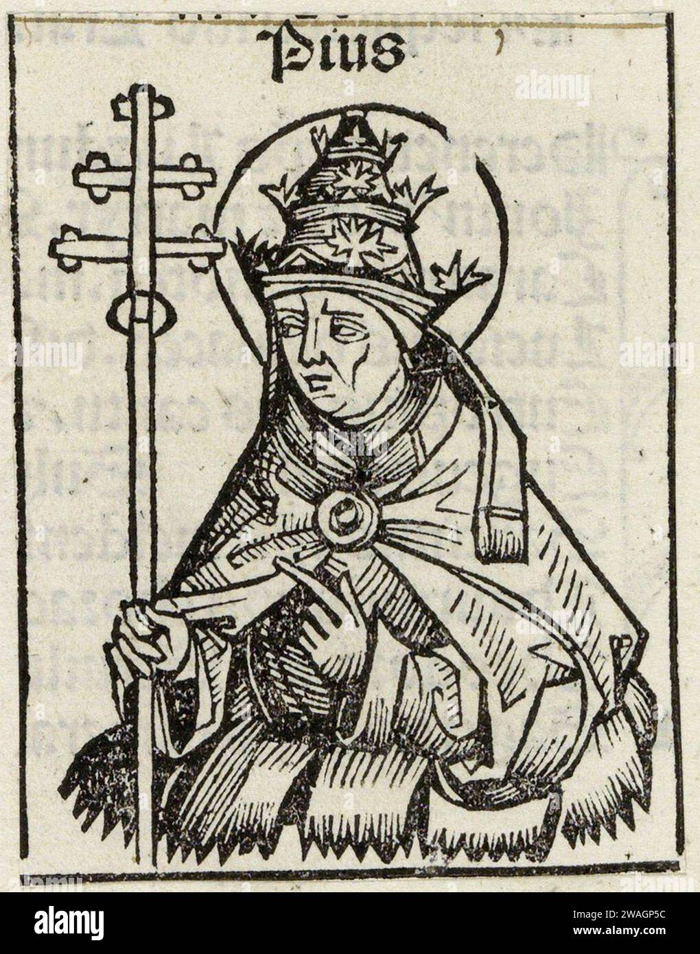Eine Illustration von Papst Pius I. aus dem Jahr 1493, der von 140 bis 155 Päpste war. Er war der zehnte Papst, und er war es, der befahl, dass Ostern immer auf einen Sonntag fallen sollte. Stockfoto