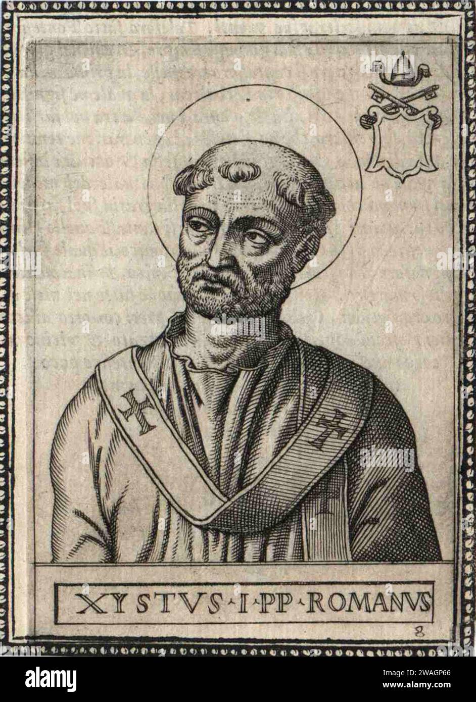 Ein Kupferstich von Papst Sixtus I. aus dem 17. Jahrhundert, der von 115 bis 125 AD Pontiff war. Er war der siebte Papst und ist auch als Papst Xystus I. bekannt Stockfoto