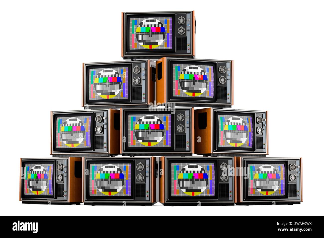 Stapel von Vintage-Fernsehgeräten mit Testkarten-TV, 3D-Rendering isoliert auf weißem Hintergrund Stockfoto