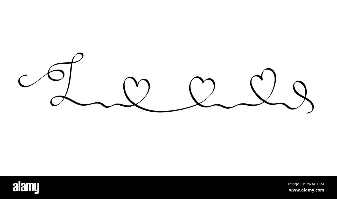 Liebe mit Herzen Hand geschriebene einzelne kontinuierliche Linie Buchstaben Phrase in einfache Doodle Stil Vektor Illustration isoliert für Grußkarte, Postkarten, Poster, Banner, Hochzeitskonzept Stock Vektor