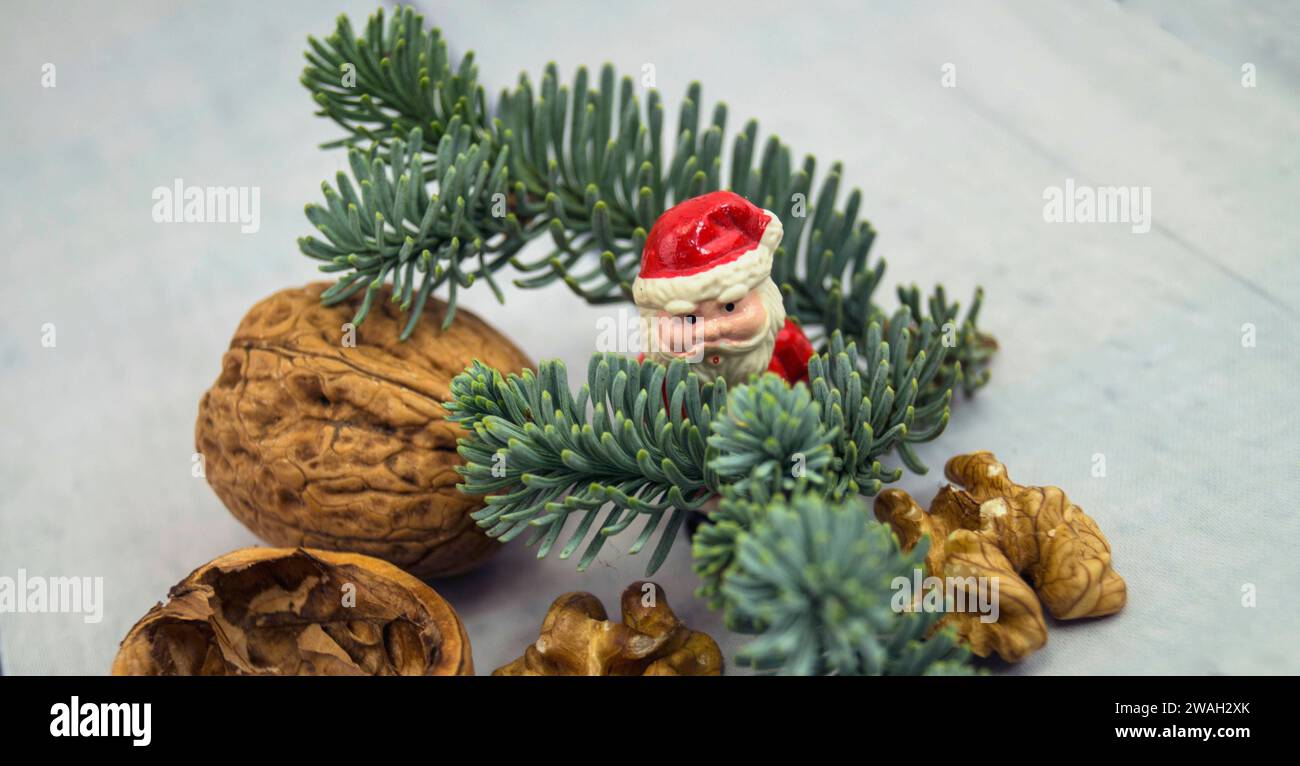 Walnüsse, Tannenzweig und Weihnachtsfigur, symbolisches Weihnachtsbild Stockfoto