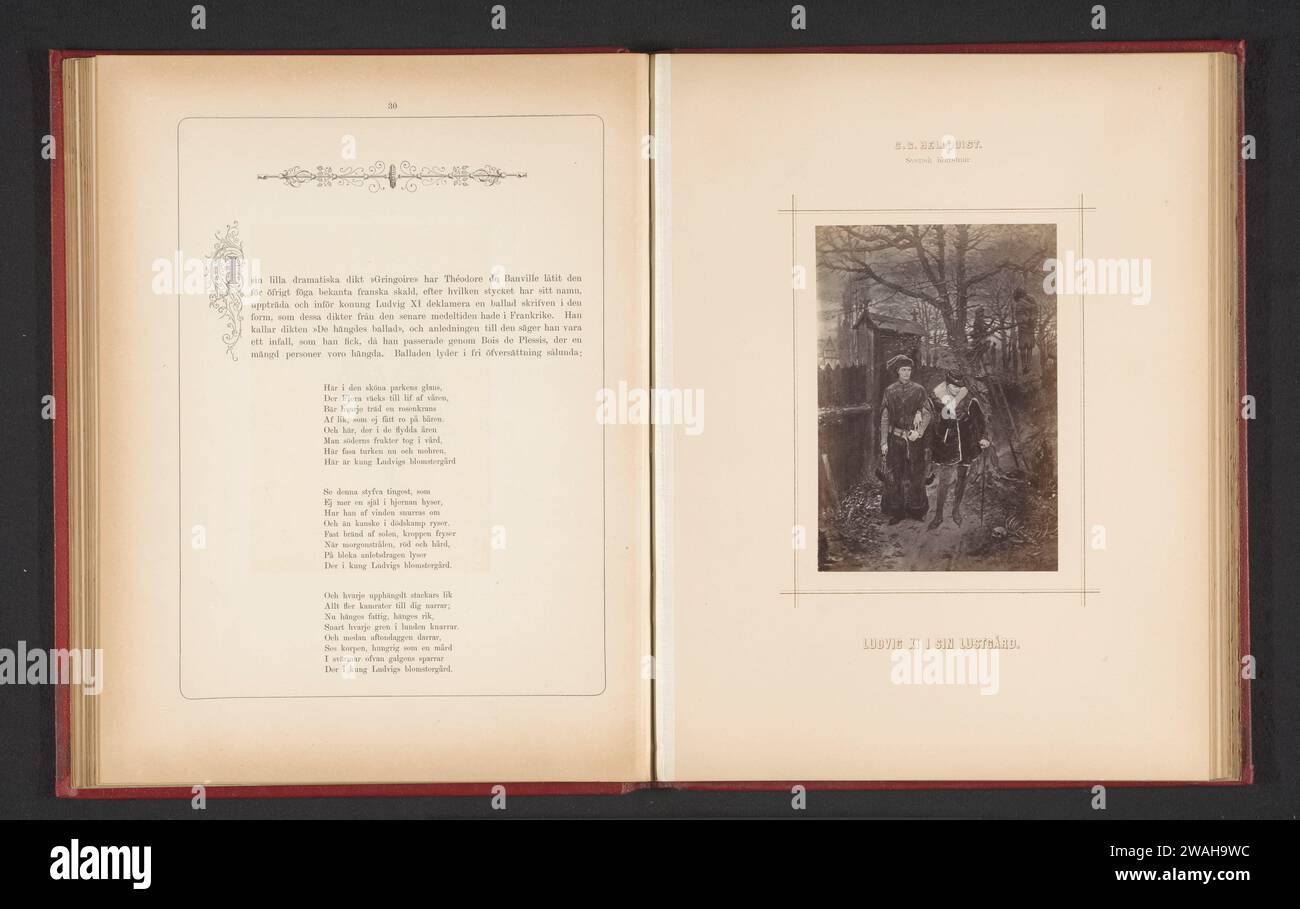 Fotoproduktion eines Gemäldes von Ludvig Xi und einem Gefährten, der im Garten mit einer aufgehängten Person im Hintergrund läuft, von Carl Gustaf Hellqvist, Johannes Jaeger, nach Carl Gustaf Hellqvist, um 1873 - in oder vor ca. 1878 fotografische Unterstützung Albumenabdruck erwachsener Mann. Schlendern. Gewaltsamer Tod durch Erhängen Stockfoto