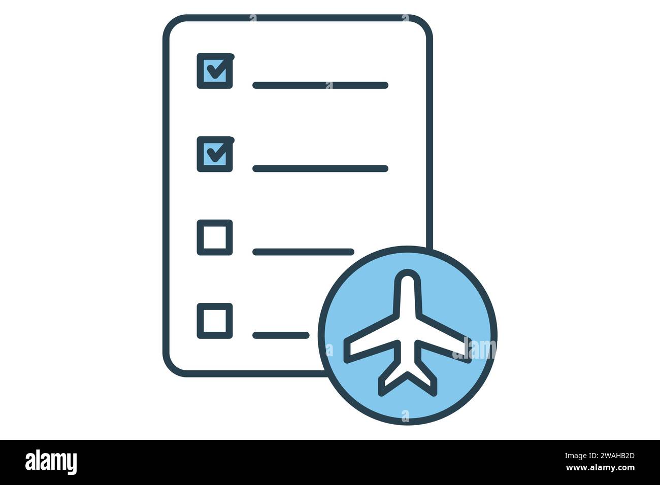 Symbol für Reiseplan. Häkchen mit Flugzeug. Symbol für Reise, geplanter Reiseplan. Symbolstil für flache Linien. Elementabbildung Stock Vektor