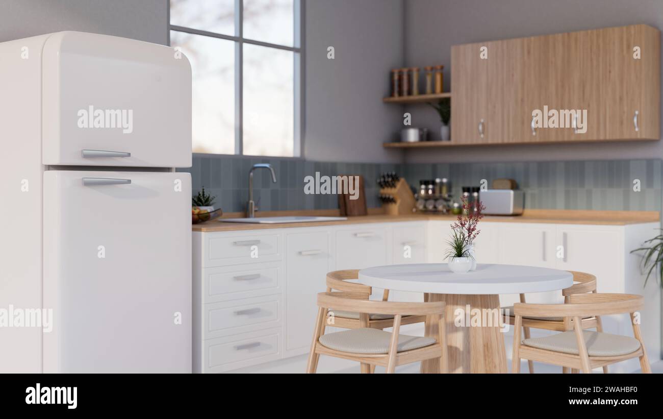 Inneneinrichtung einer modernen und sauberen Küche mit minimalistischem Esstisch, Kühlschrank, Waschbecken, Küchenablagen und Dekor. 3D-Rendering, 3D-Illustration Stockfoto