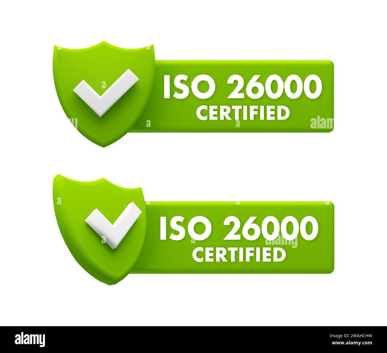 ISO 26000-zertifizierte Abzeichen – Symbole für soziale Verantwortung und nachhaltige Entwicklung Stock Vektor