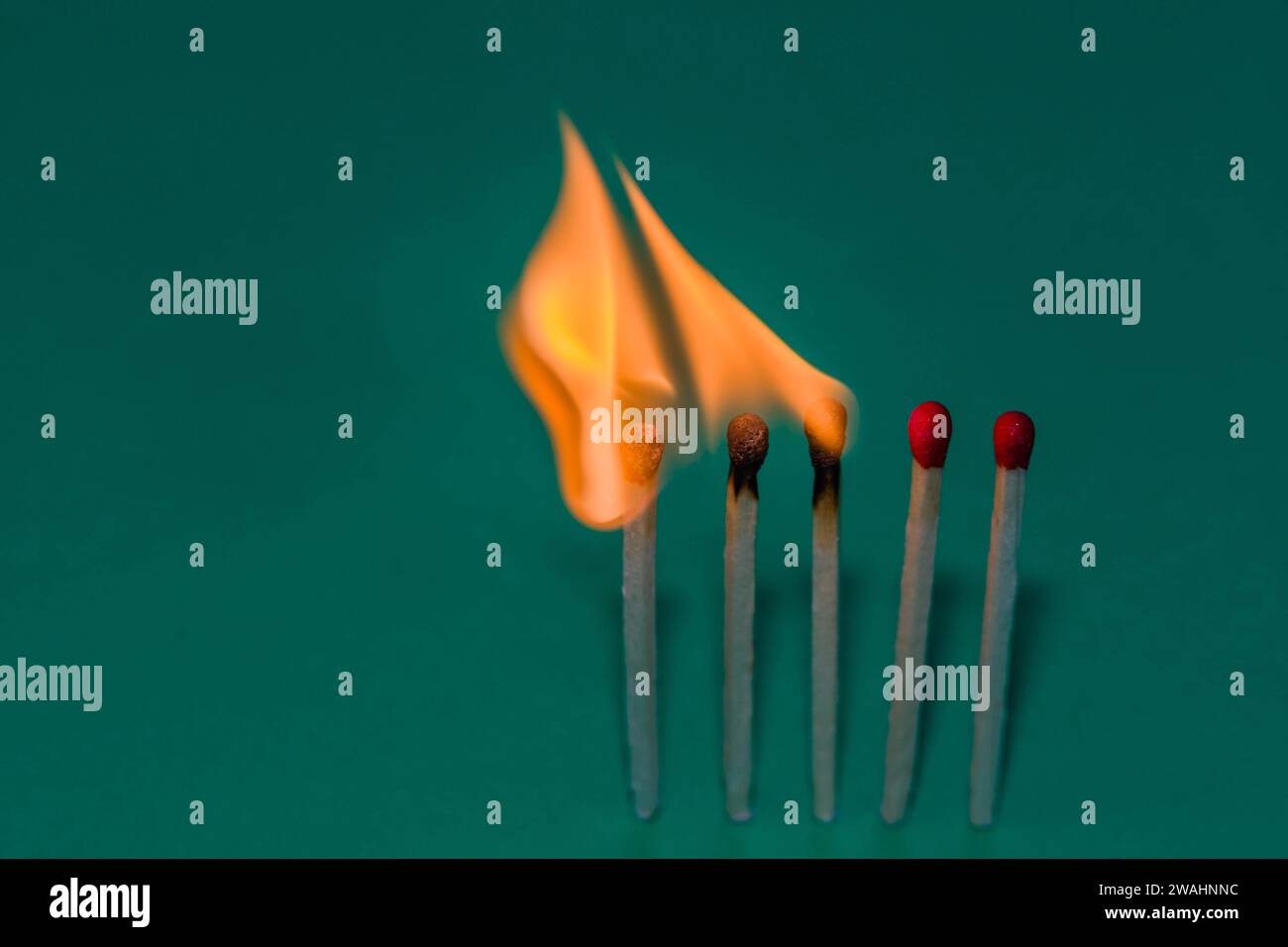 Flammen von drei von fünf roten Streichhölzern brennen vor grünem Hintergrund Stockfoto