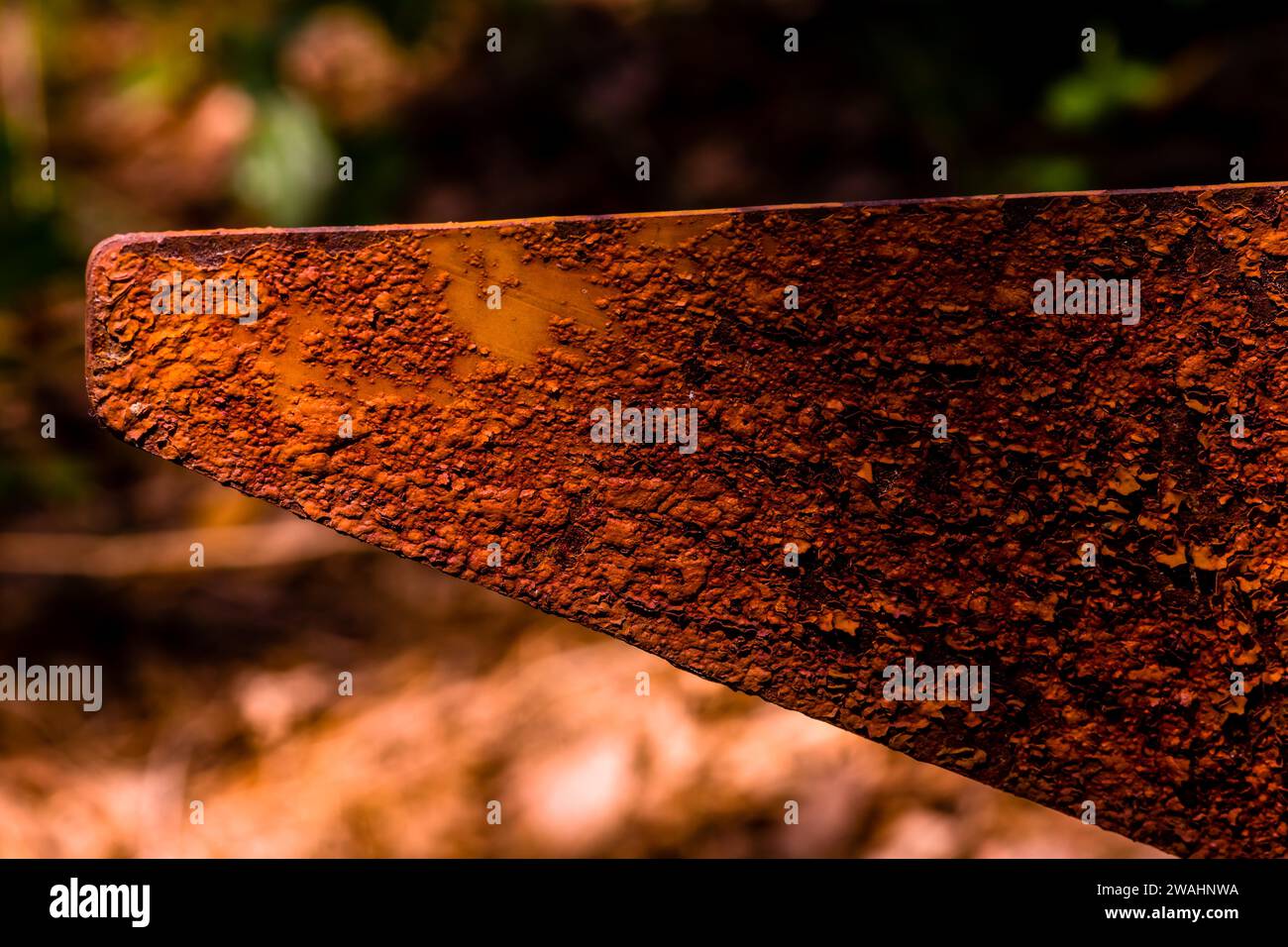 Großaufnahme von rostigem dreieckigem Metallfahnenmast im Wald mit verschwommenem Hintergrund Stockfoto