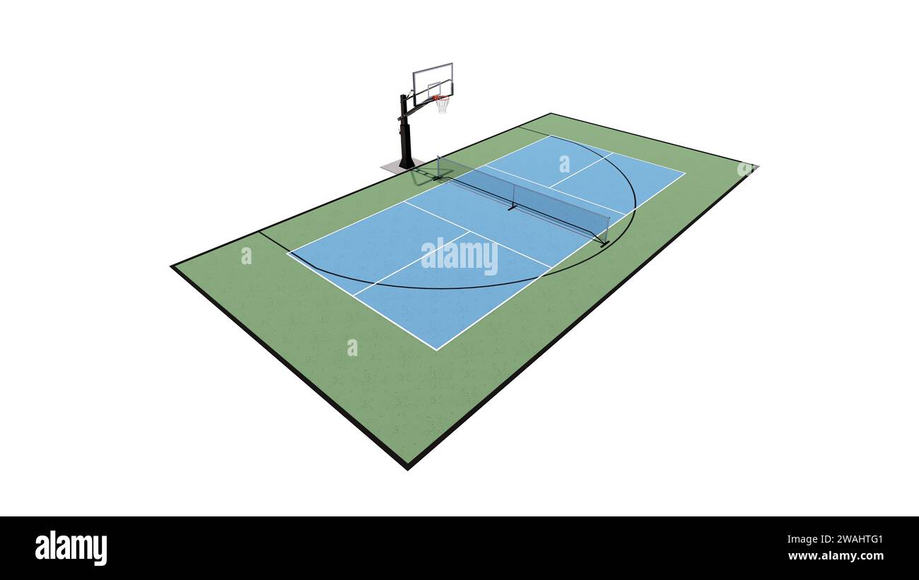 Luftaufnahme einer Kombination aus Basketball- und Pickleball-Court Multisport 3D-Rendering-Visualisierung Stockfoto