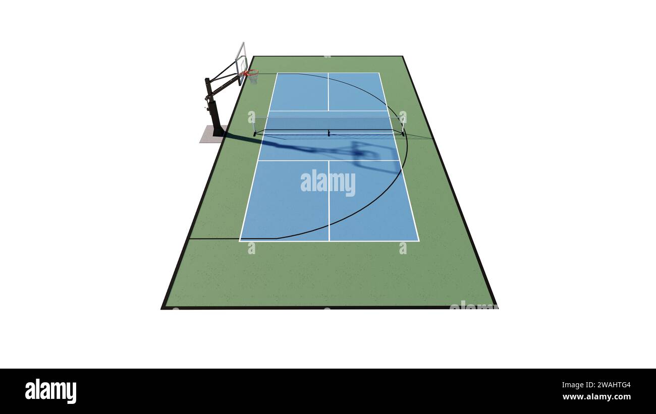 Luftaufnahme einer Kombination aus Basketball- und Pickleball-Court Multisport 3D-Rendering-Visualisierung Stockfoto