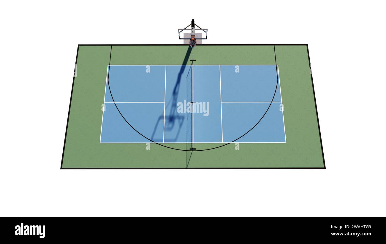 Luftaufnahme einer Kombination aus Basketball- und Pickleball-Court Multisport 3D-Rendering-Visualisierung Stockfoto