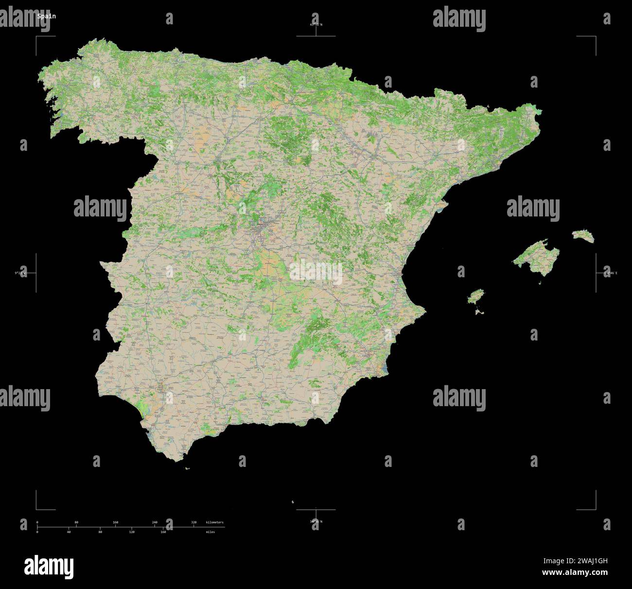 Form einer topografischen Karte im OSM-France-Stil Spaniens mit Entfernungsskala und Kartengrenzkoordinaten, isoliert auf Schwarz Stockfoto