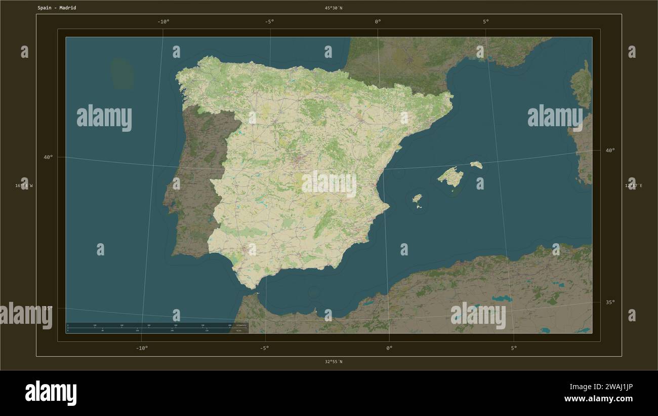 Spanien wird auf einer topografischen Karte im humanitären OSM-Stil mit dem Hauptpunkt des Landes, kartographischem Raster, Entfernungsskala und Kartengrenze hervorgehoben Stockfoto