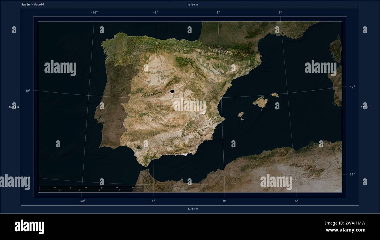 Spanien wurde auf einer Satellitenkarte mit niedriger Auflösung mit dem Hauptpunkt des Landes, dem kartographischen Raster, der Entfernungsskala und den Kartengrenzkoordinaten hervorgehoben Stockfoto