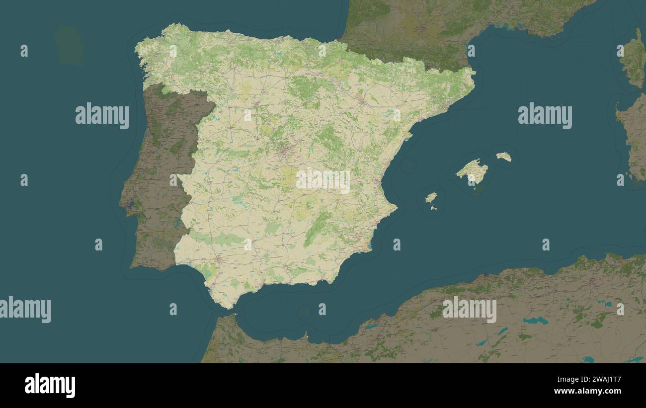 Spanien wird auf einer topografischen Karte im humanitären OSM-Stil hervorgehoben Stockfoto