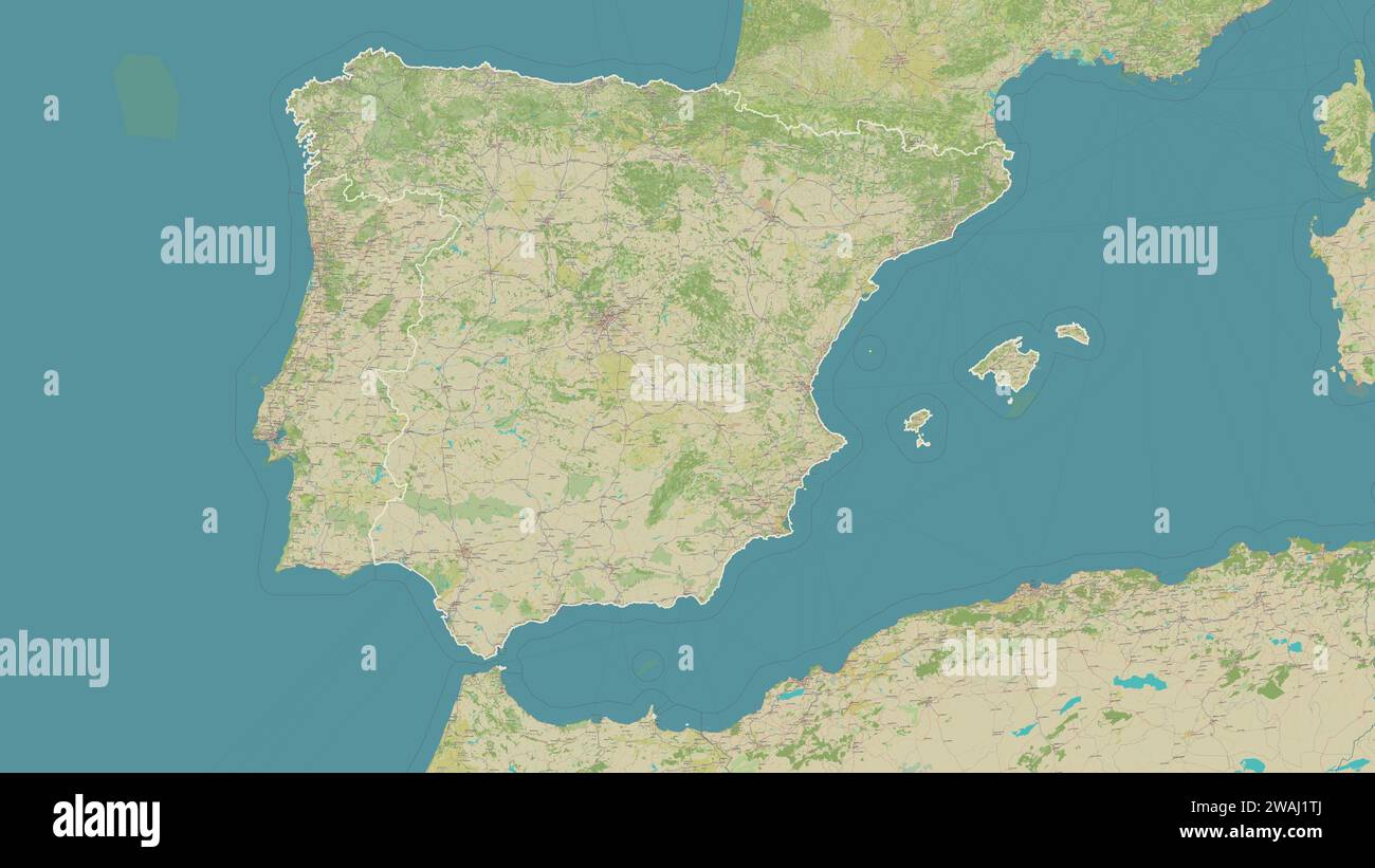 Spanien umrissen auf einer topografischen Karte im humanitären OSM-Stil Stockfoto