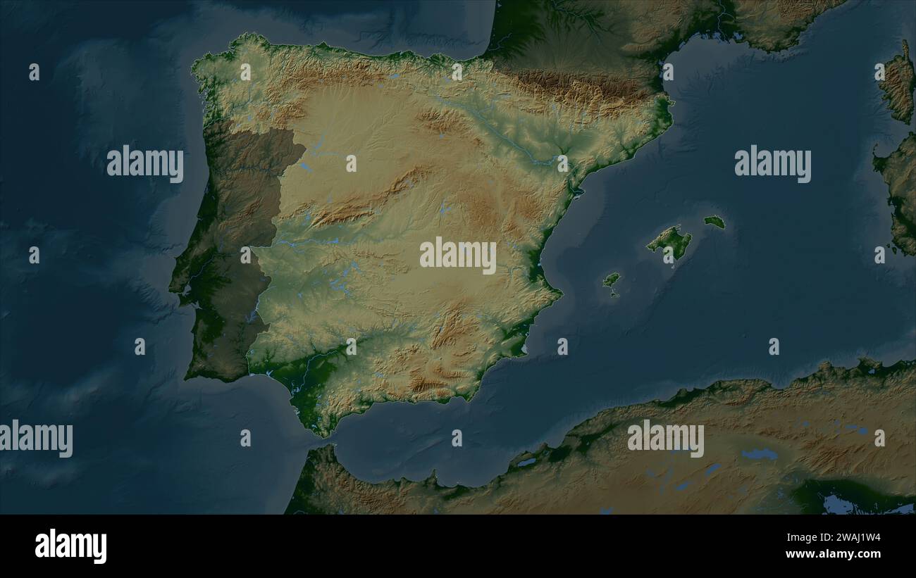 Spanien wird auf einer farbigen Höhenkarte mit Seen und Flüssen hervorgehoben Stockfoto