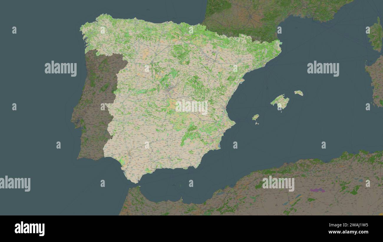 Spanien wird auf einer topografischen Karte im Stil OSM France hervorgehoben Stockfoto