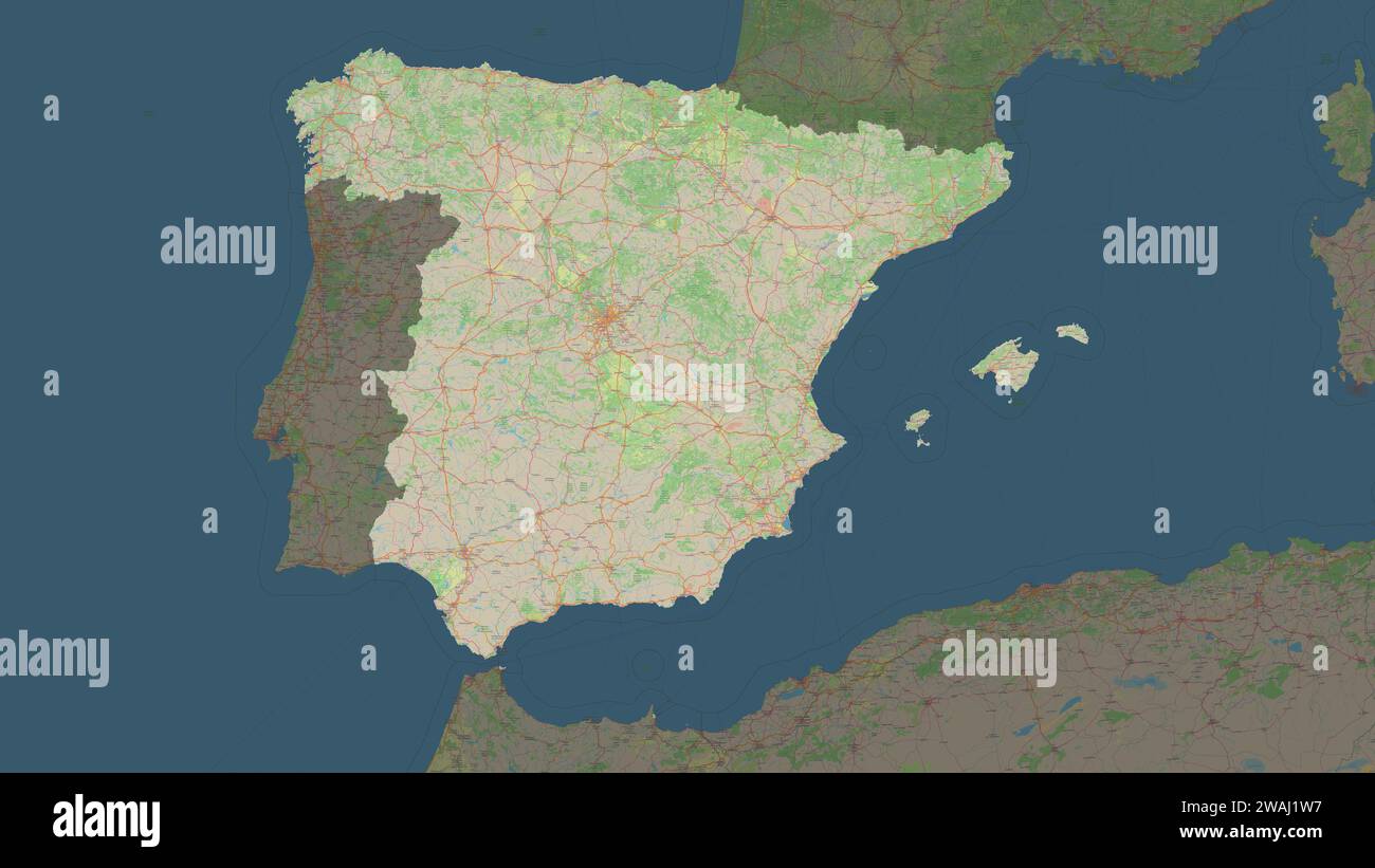 Spanien wird auf einer topografischen Karte im OSM-Deutschland-Stil hervorgehoben Stockfoto