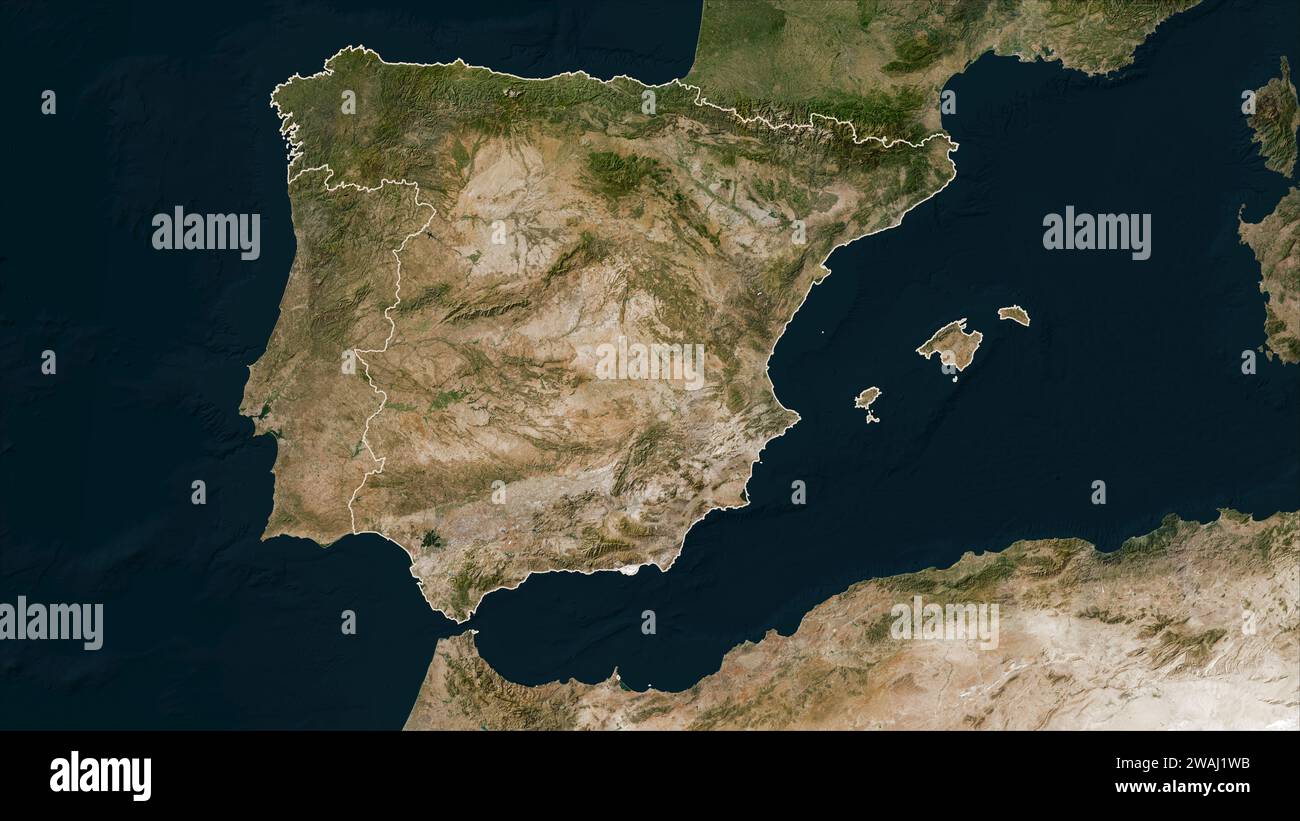 Spanien skizzierte auf einer Satellitenkarte mit niedriger Auflösung Stockfoto