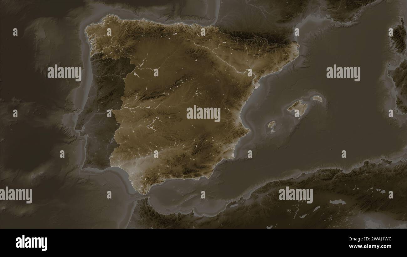 Spanien wird auf einer in Sepia-Tönen eingefärbten Höhenkarte mit Seen und Flüssen hervorgehoben Stockfoto