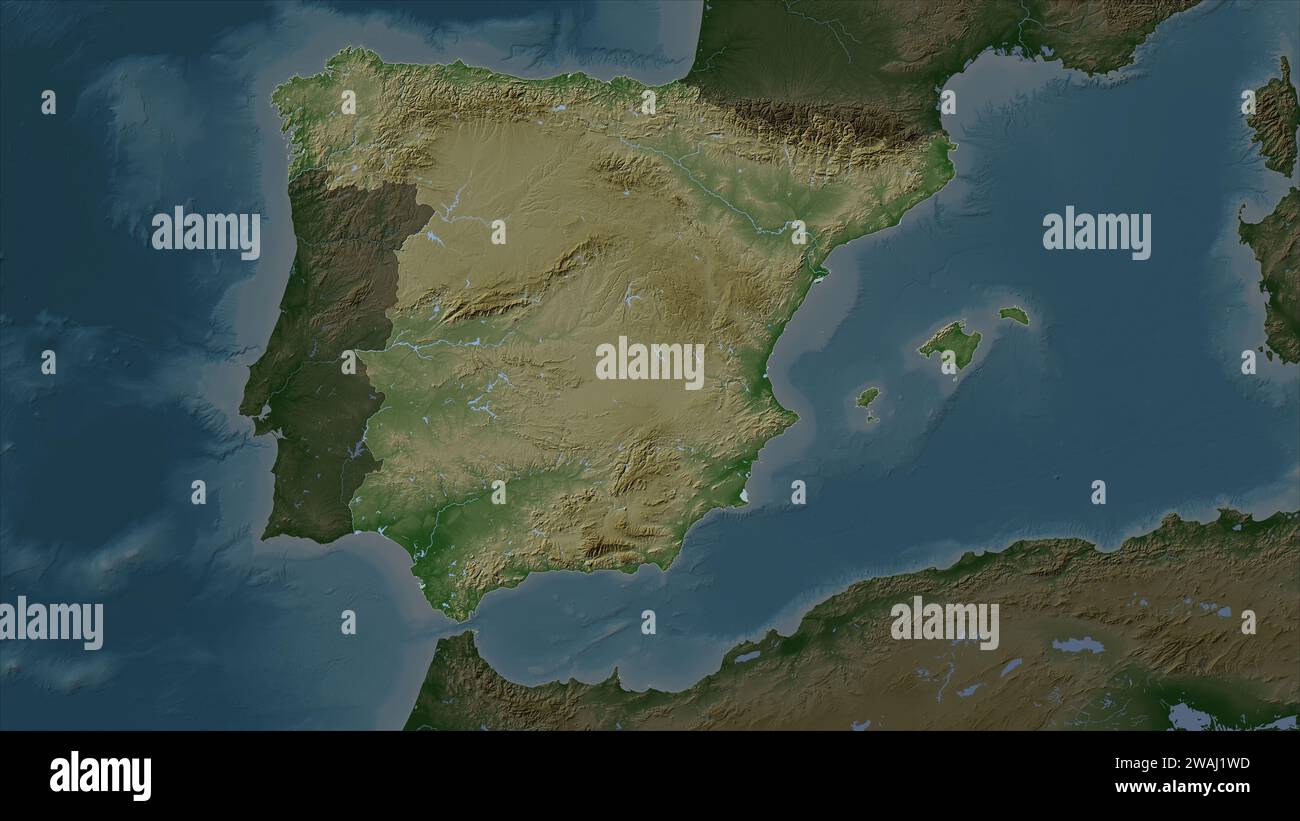 Spanien wird auf einer blassfarbenen Höhenkarte mit Seen und Flüssen hervorgehoben Stockfoto