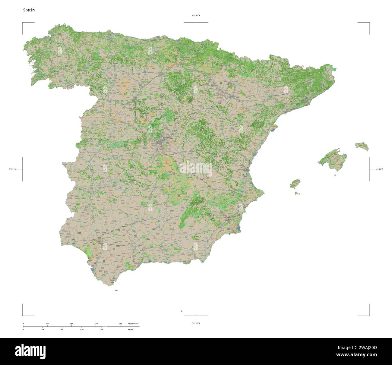 Form einer topografischen Karte im OSM-France-Stil Spaniens mit Entfernungsskala und Kartengrenzkoordinaten, isoliert auf weiß Stockfoto