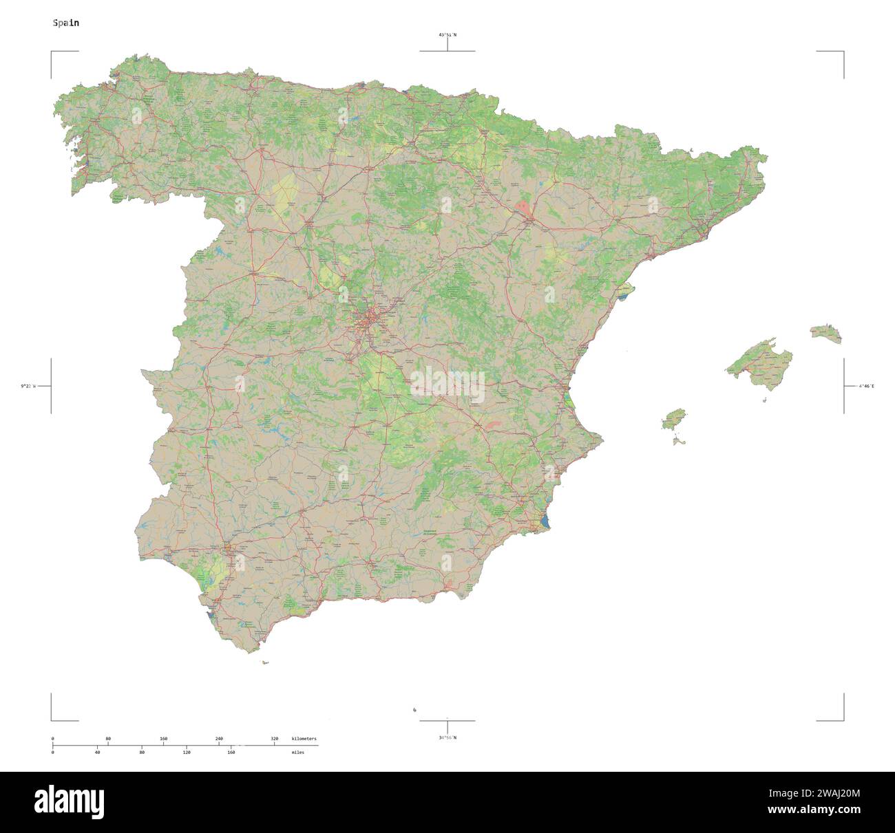 Form einer topografischen Karte im OSM-Standardstil Spaniens mit Entfernungsskala und Kartengrenzkoordinaten, isoliert auf weiß Stockfoto