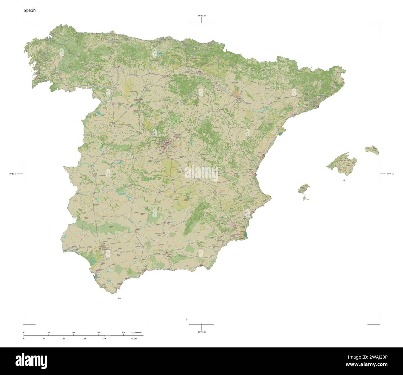 Form einer topografischen Karte im humanitären OSM-Stil Spaniens mit Entfernungsskala und Kartengrenzkoordinaten, isoliert auf weiß Stockfoto