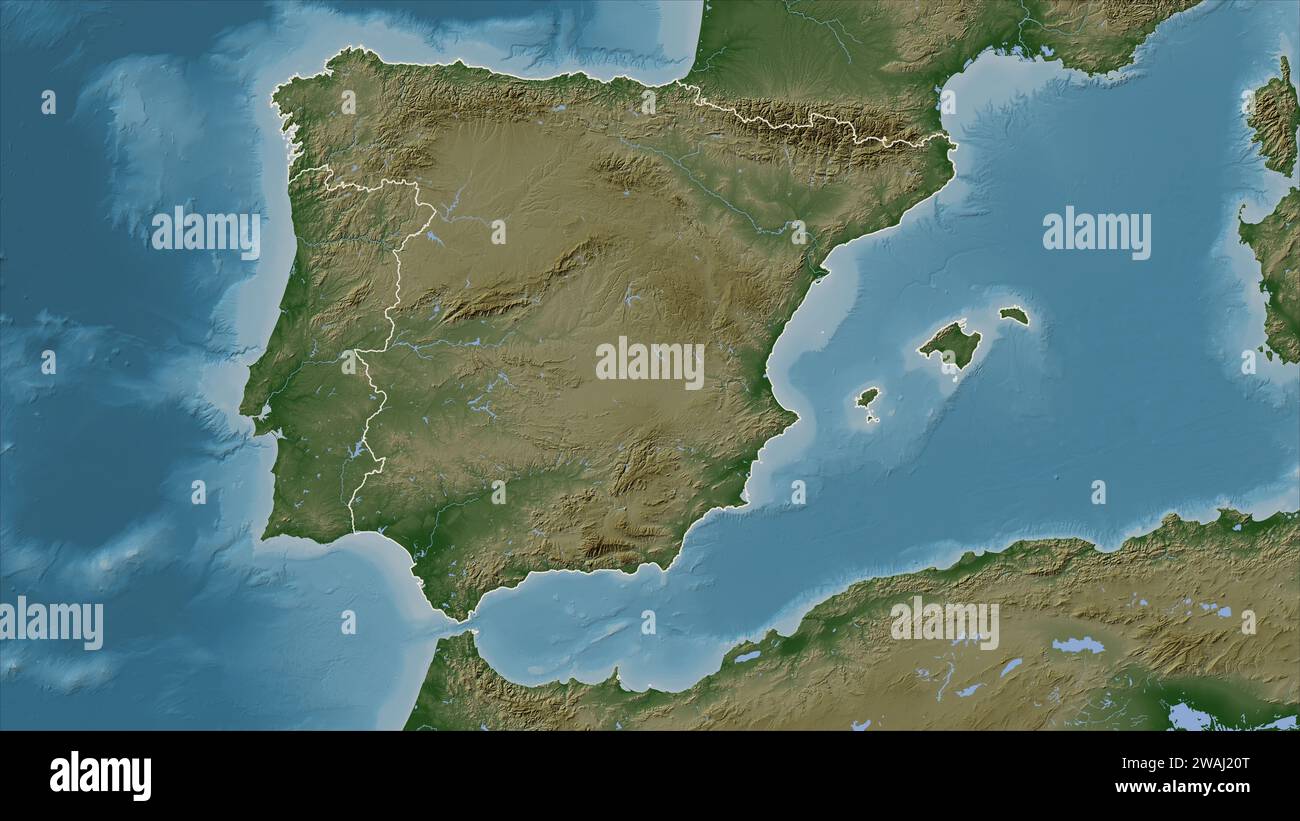 Spanien skizziert auf einer blassfarbenen Höhenkarte mit Seen und Flüssen Stockfoto