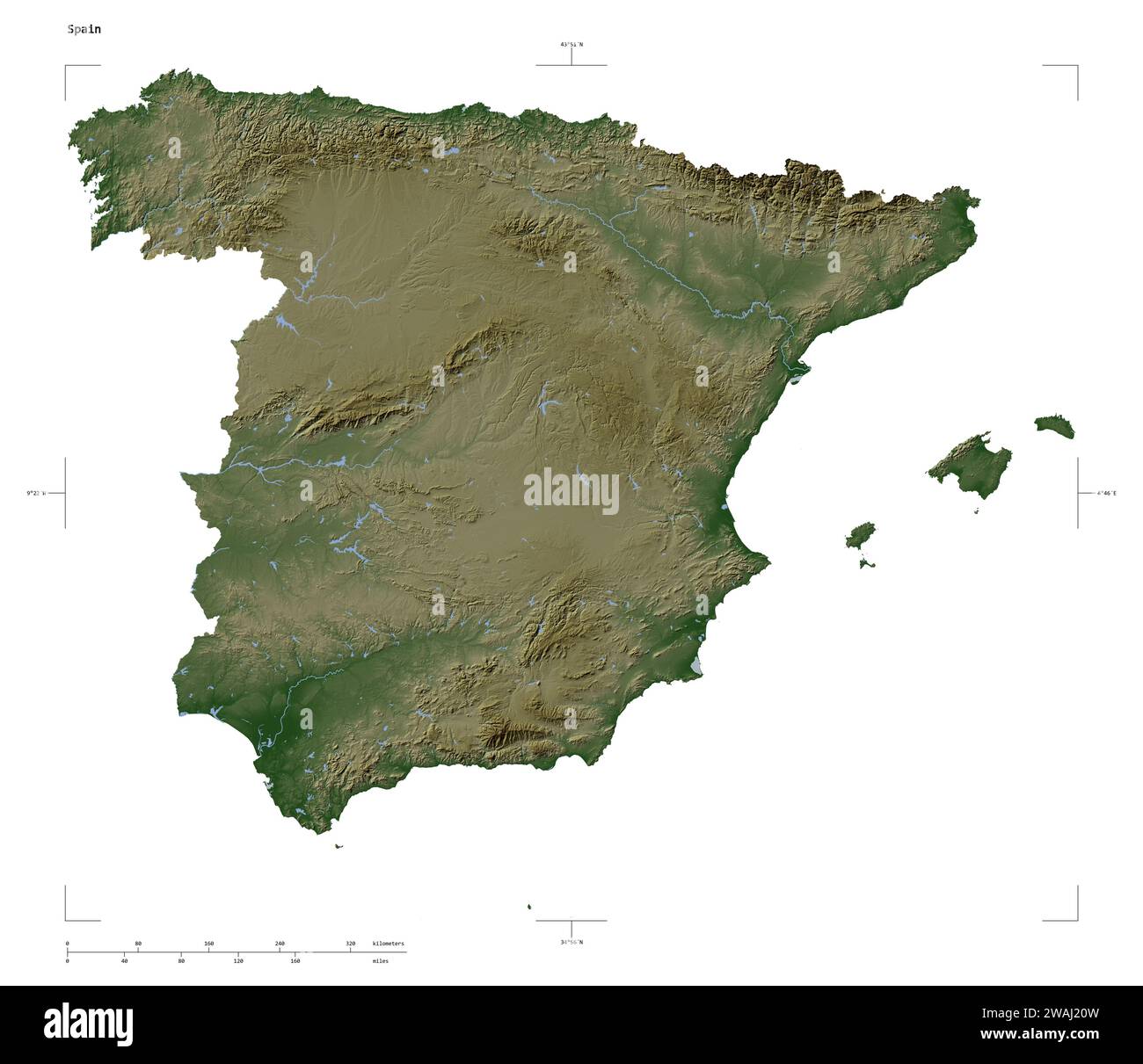 Form einer blassfarbenen Höhenkarte mit Seen und Flüssen Spaniens, mit Entfernungsskala und Kartengrenzkoordinaten, isoliert auf weiß Stockfoto