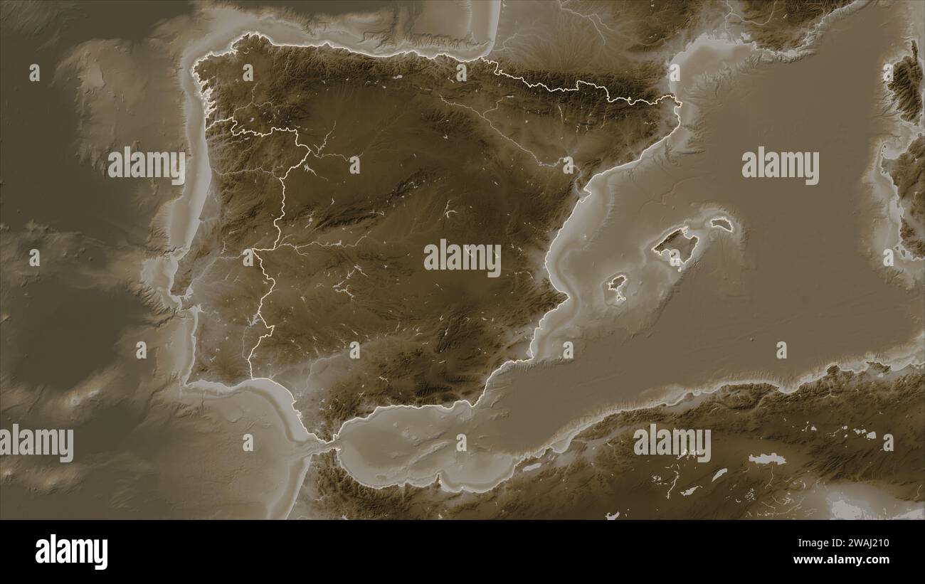 Spanien umreißt auf einer in Sepia-Tönen eingefärbten Höhenkarte mit Seen und Flüssen Stockfoto