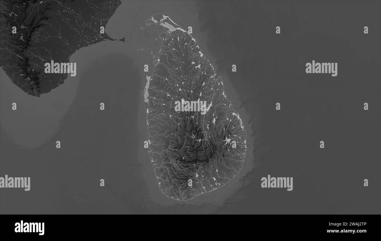 Sri Lanka wird auf einer grauen Höhenkarte mit Seen und Flüssen hervorgehoben Stockfoto