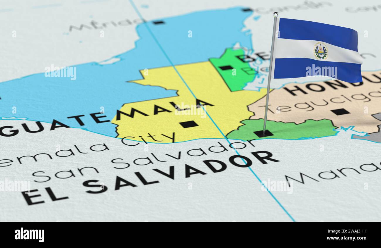 SL Salvador, San Salvador - Nationalflagge auf politischer Karte fixiert - 3D-Illustration Stockfoto