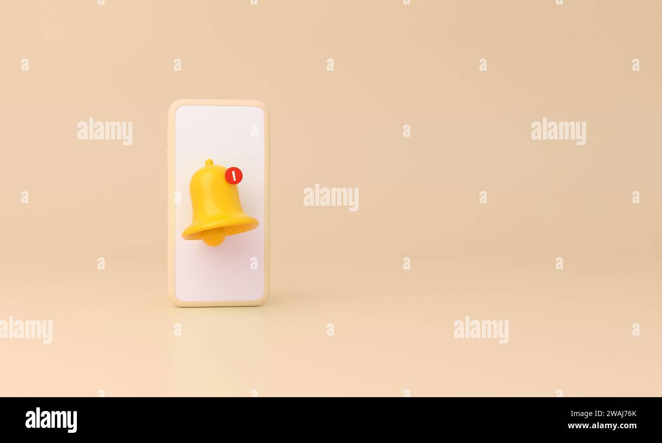 Benachrichtigungsmeldung Glockensymbol auf gelbem Hintergrund im Smartphone. 3D-Rendering. Stockfoto