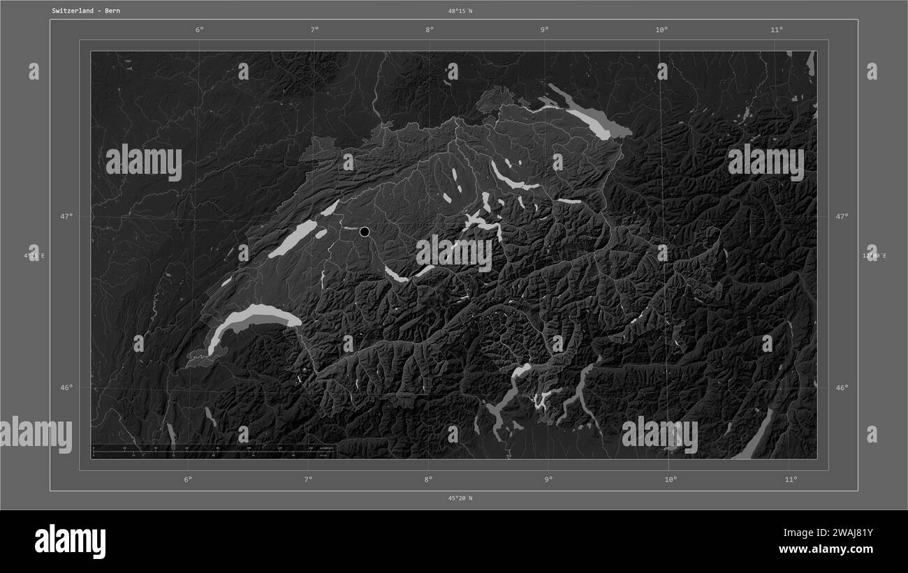 Die Schweiz wird auf einer grauen Höhenkarte mit Seen- und Flusskarte mit Landeshauptstadt, kartographischem Raster, Entfernungsskala und hervorgehoben Stockfoto