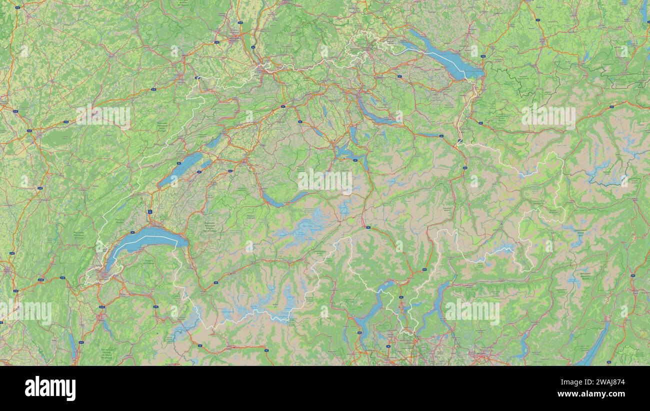 Die Schweiz wird auf einer topografischen Karte im Stil von OSM Deutschland dargestellt Stockfoto