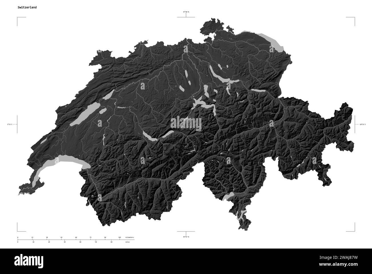 Form einer grauen Höhenkarte mit Seen und Flüssen der Schweiz, mit Entfernungsskala und Kartengrenzkoordinaten, isoliert auf weiß Stockfoto