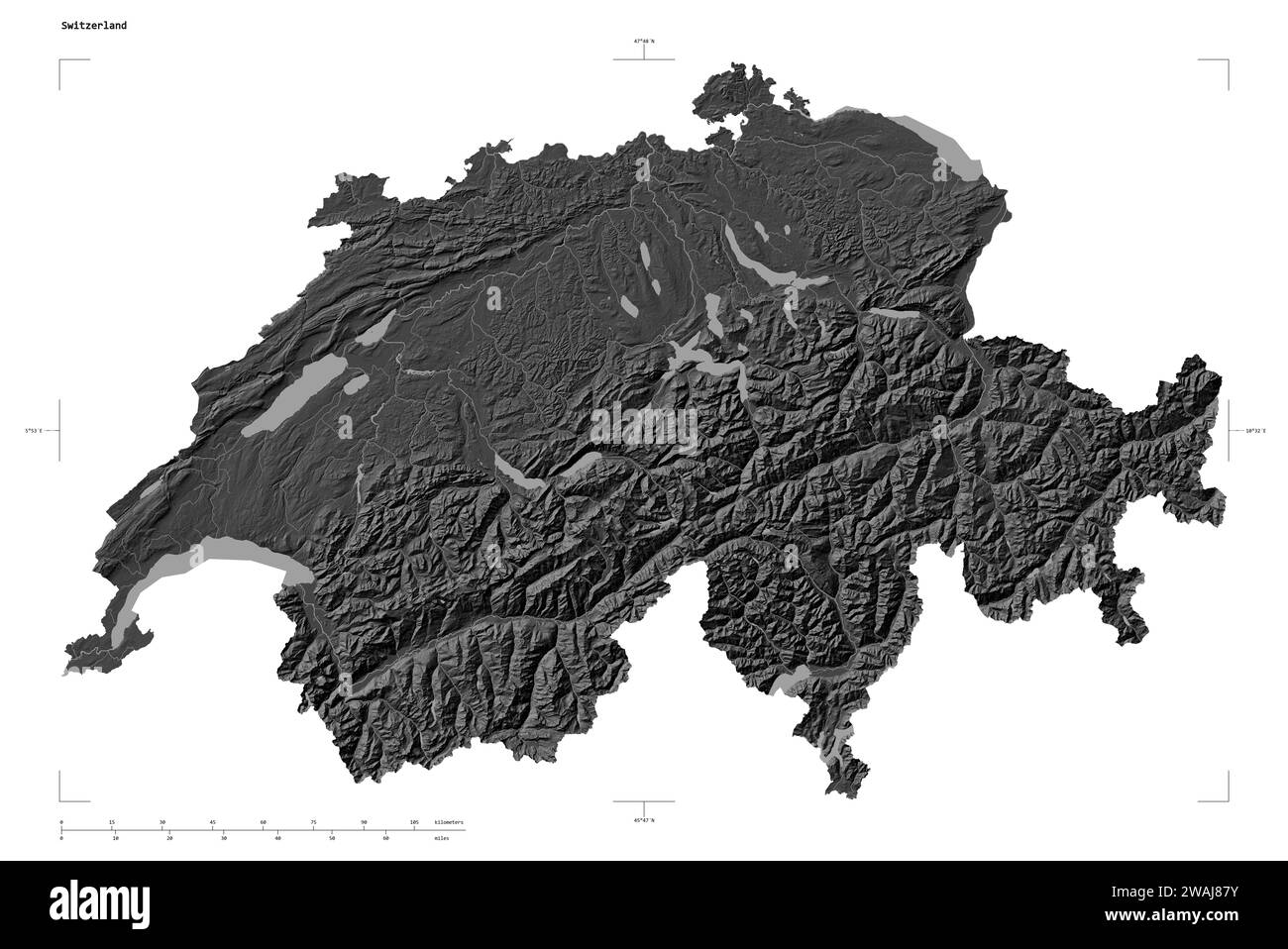 Form einer Bilevel-Höhenkarte mit Seen und Flüssen der Schweiz, mit Entfernungsskala und Kartengrenzkoordinaten, isoliert auf weiß Stockfoto