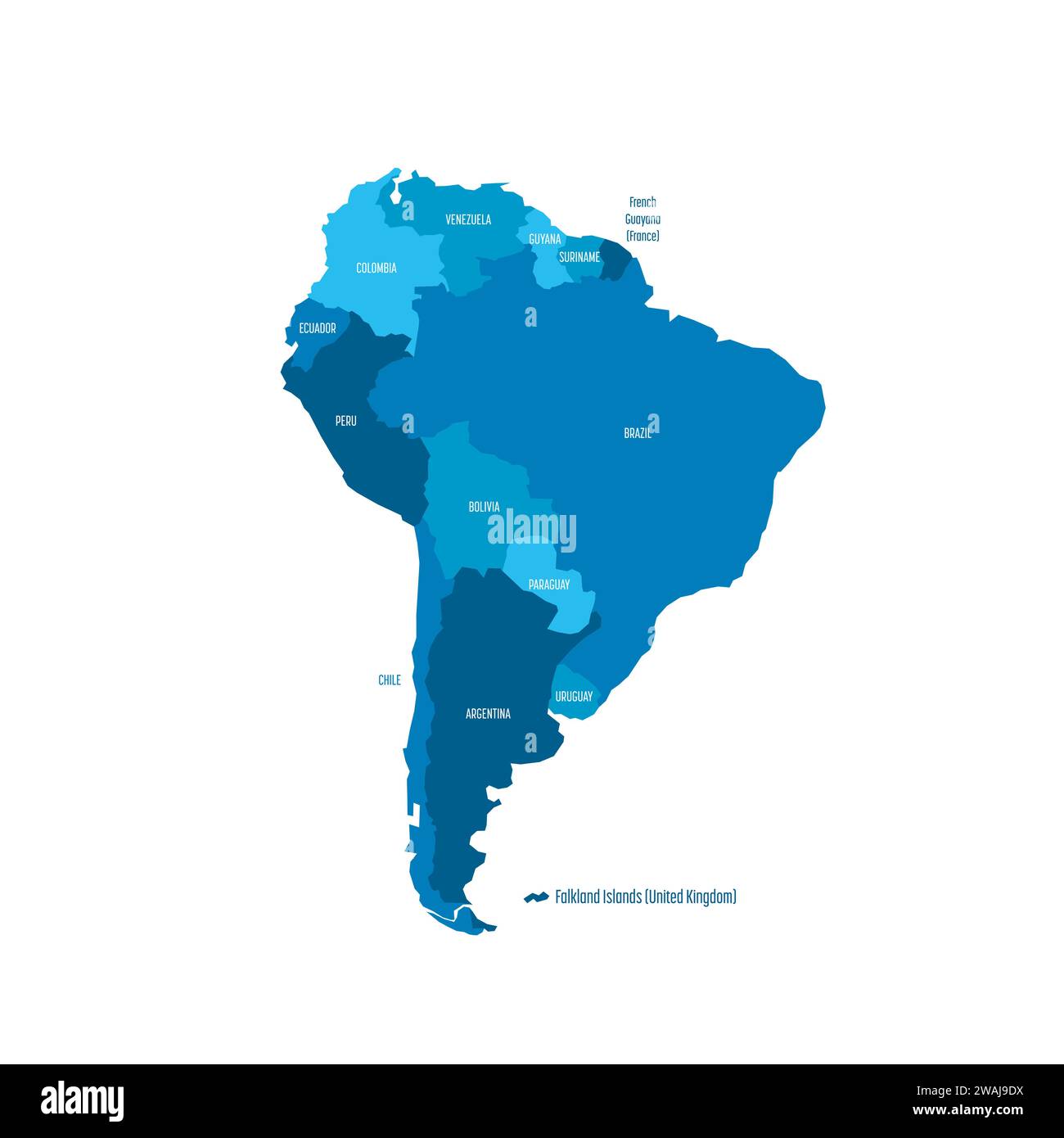 Politische Karte Südamerikas. Blaues Land mit Ländernamen auf weißem Hintergrund. Ortographische Projektion. Vektorabbildung Stock Vektor