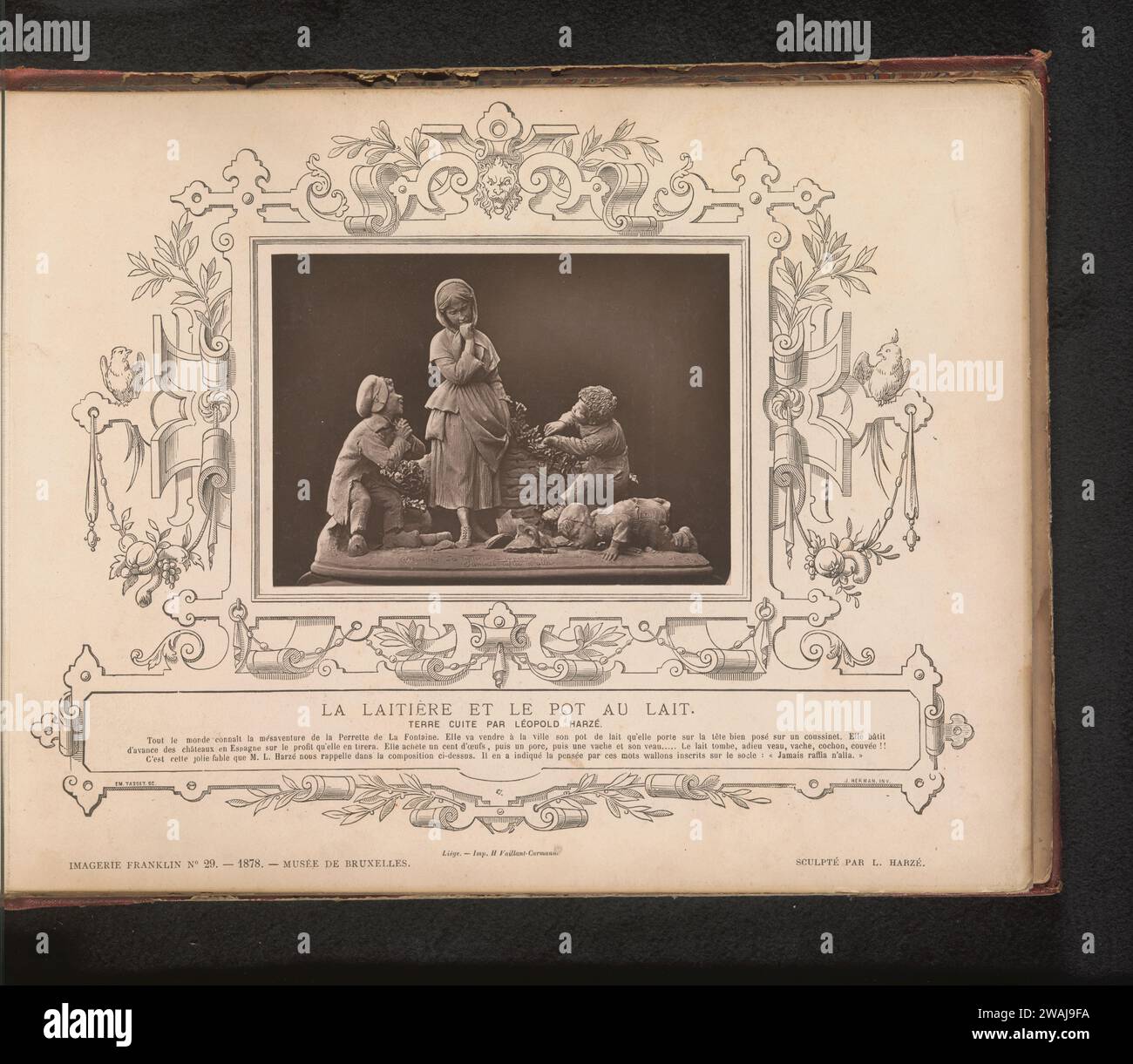 Skulptur, dargestellt die Fabel la laitière et le Pot au lait von Léopold Harzé, Anonym, um 1873 - in oder vor 1878 photomechanischen Druck dieser Druck ist Teil eines Albums. Shutter Paper Stück Skulptur, Reproduktion eines Stücks Skulptur. Fabeln Stockfoto