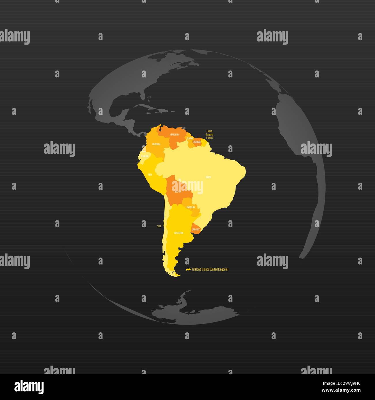 Politische Karte Südamerikas. Gelbes Land mit Ländernamen auf dunkelgrauem Hintergrund. Ortographische Projektion. Vektorabbildung Stock Vektor