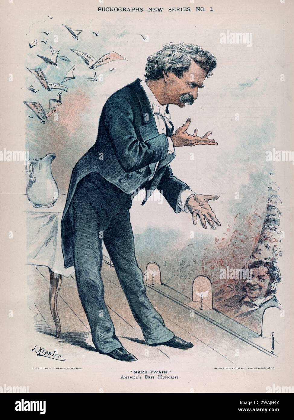 Diese Vintage-Illustration fängt den berühmten Autor und Humoristen Mark Twain ein, der einem verzauberten Publikum eine fesselnde Rede vorträgt, die von einem einfallsreichen Touch des Künstlers dargestellt wird. Stockfoto
