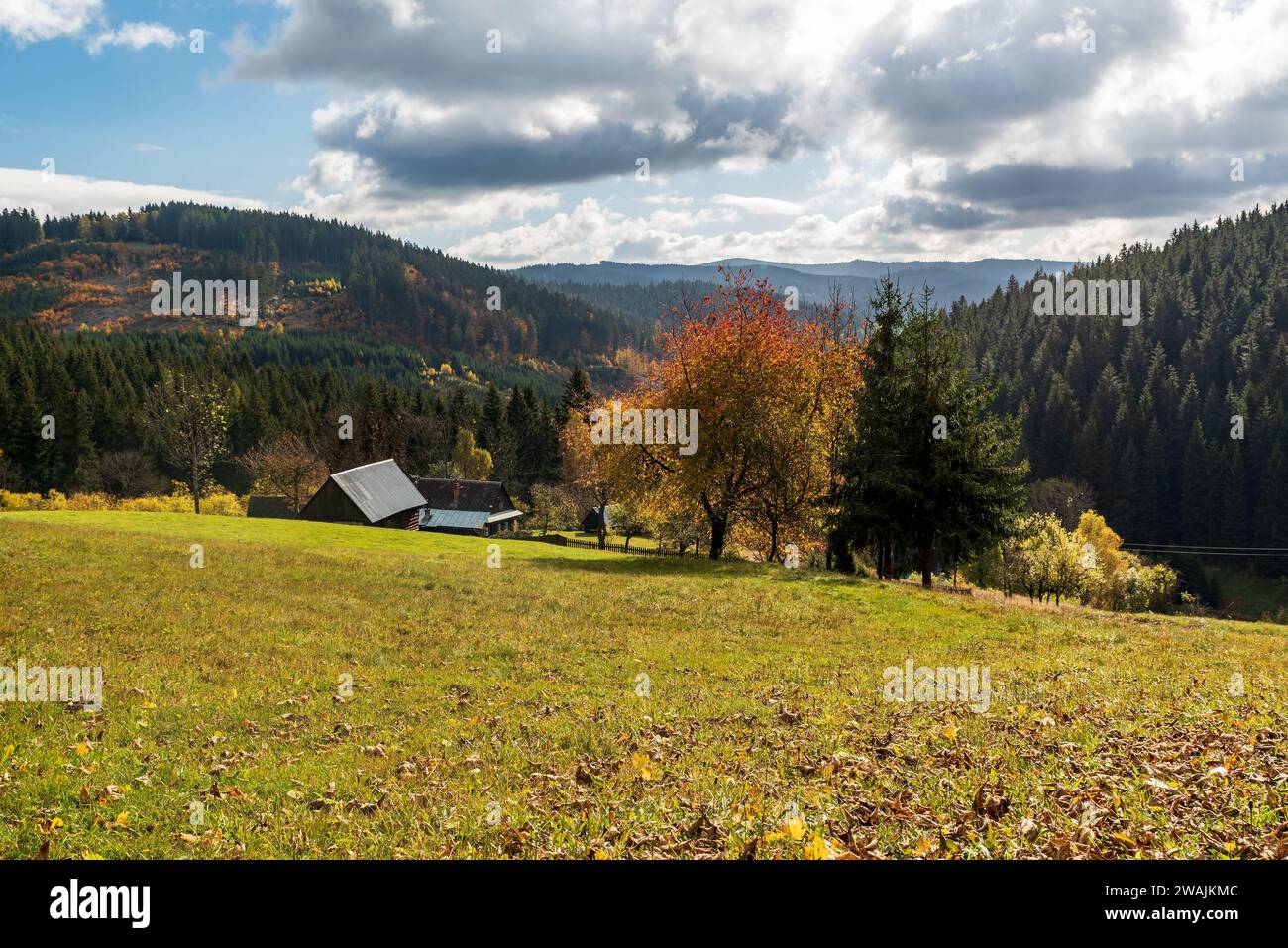 Herbst oberhalb des Leskove-Tals in der Nähe des Dorfes Velke Karlovice in Tschechien mit Wiese, wenigen Häusern und Hügeln im Hintergrund Stockfoto