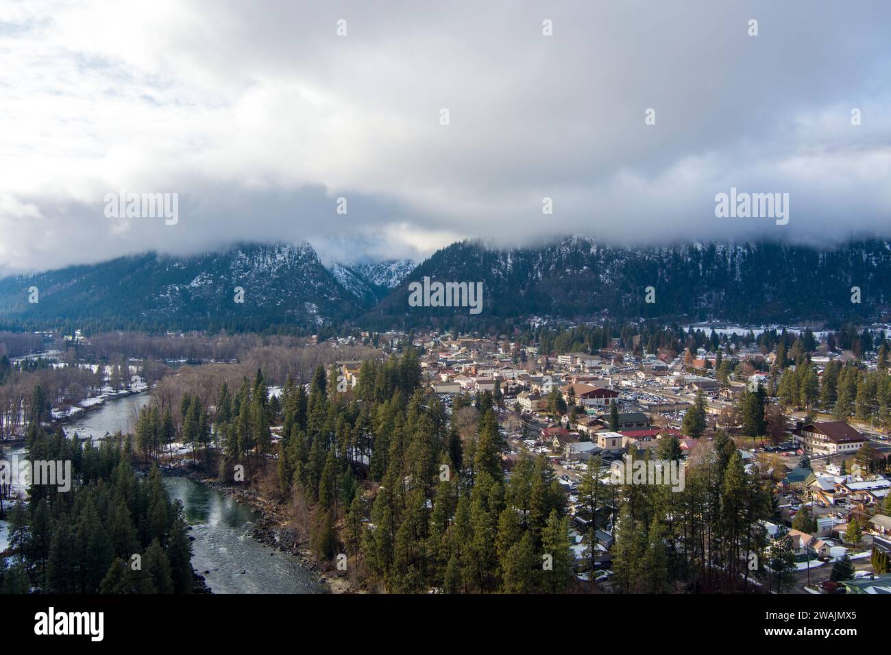 Leavenworth, Washington, Winterlandschaft aus der Vogelperspektive Stockfoto