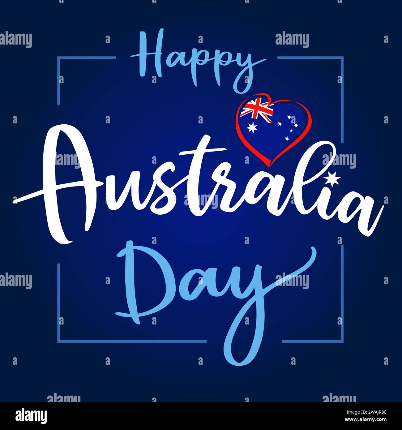 Happy Australia Day Square Konzept. Vorlage für Banner, Grußkarte, Postkarte oder Poster in sozialen Medien. Kreativer Text und Symbol für das Herz der australischen Flagge. Werteliste Stock Vektor