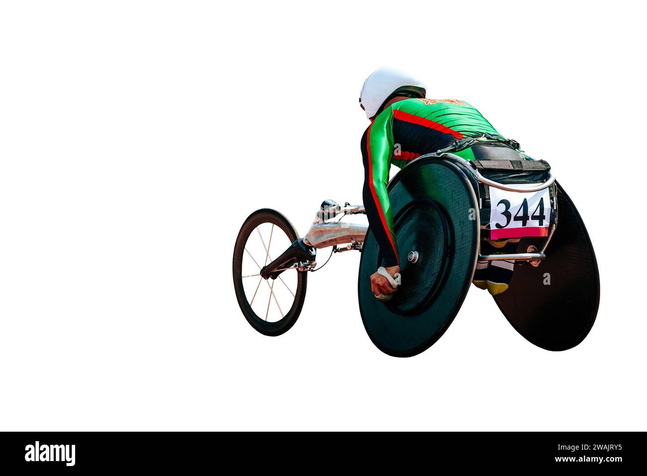 Mann-Athlet im Rollstuhl-Rennen isoliert auf weißem Hintergrund, Para-Leichtathletik-Spiele Stockfoto