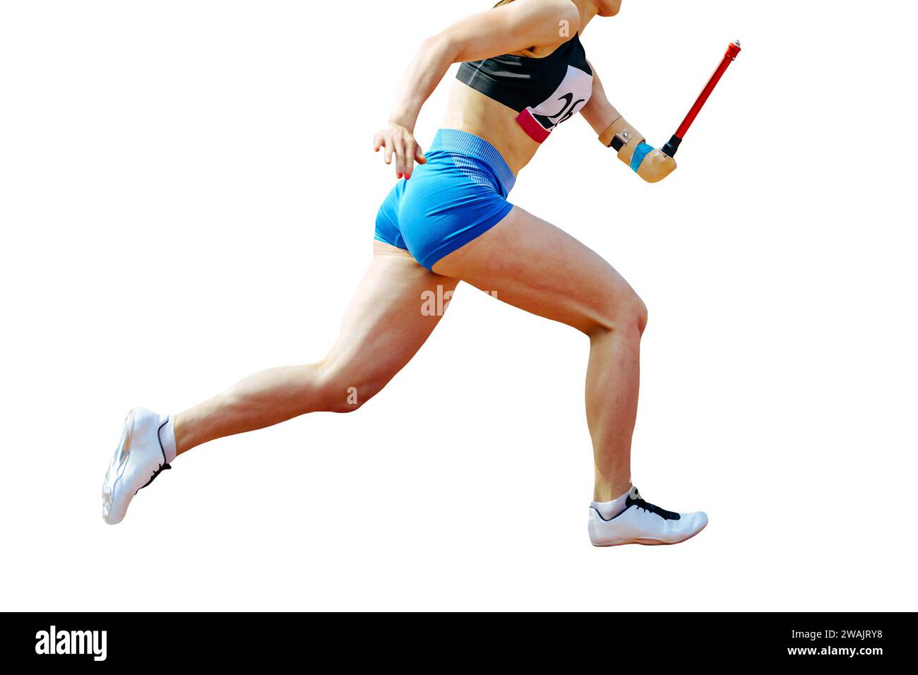 Frau para Athletin auf linker Prothese, isoliert auf weißem Hintergrund, Sommer Para-Leichtathletik-Spiele Stockfoto