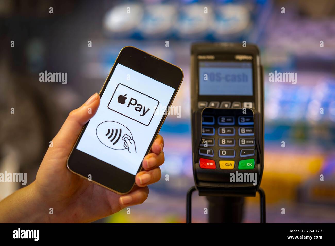 03.01.2024, Frau bezahlt mit Smartphone über hinterlegter Kredit-Karte im Geschäft. Symbolbild 03.01.2024, Kartenzahlung 03.01.2024, Kartenzahlung *** 03 01 2024, Frau bezahlt mit Smartphone mit hinterlegter Kreditkarte im Geschäft Symbolbild 03 01 2024, Kartenzahlung 03 01 2024, Kartenzahlung Stockfoto